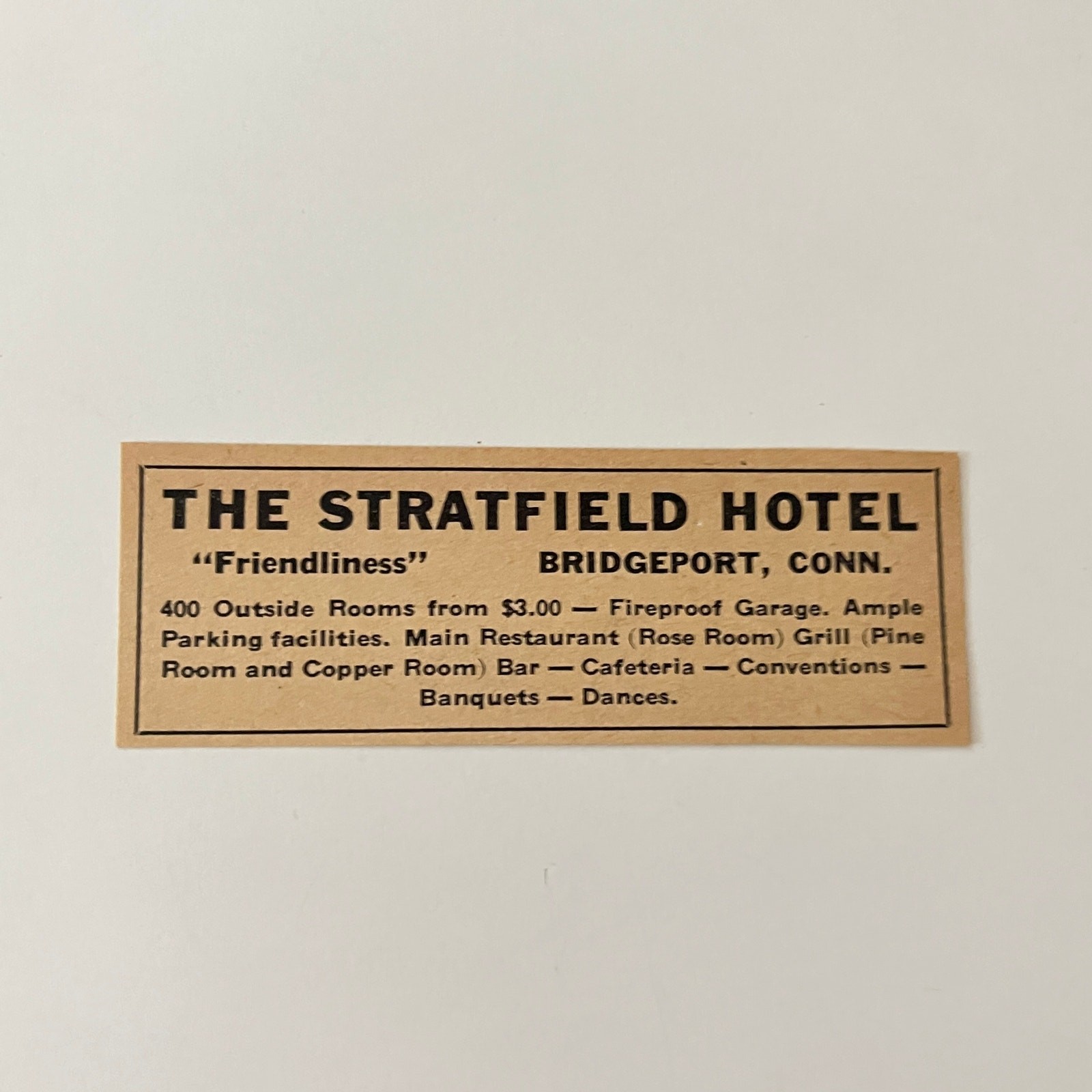 The Stratfield Hotel Banquets Fireproof Garage Bridgeport CT 1942 Ad SAK3-S58 The Stratfield Hotel Banquets Fireproof Garage Bridgeport CT 1942 Ad SAK3-S58