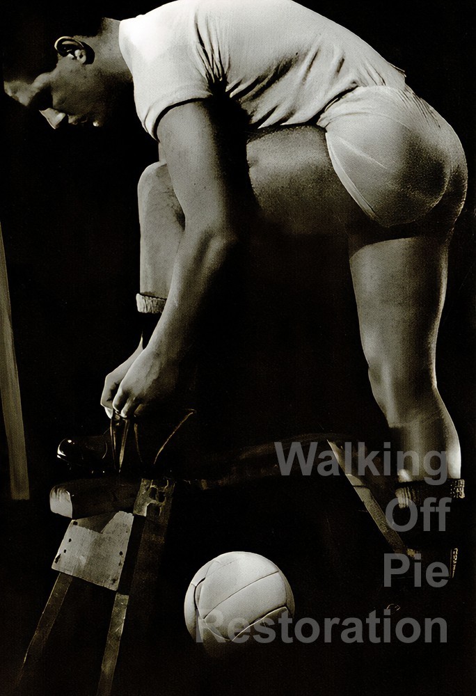 60s British Footballer tying his boots 4x6 reprint Gay Estate collection