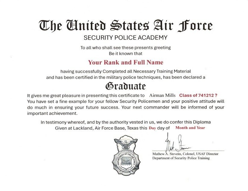 USAF Security Police Academy Replacement Certificate USAF Security Police Academy Replacement Certificate