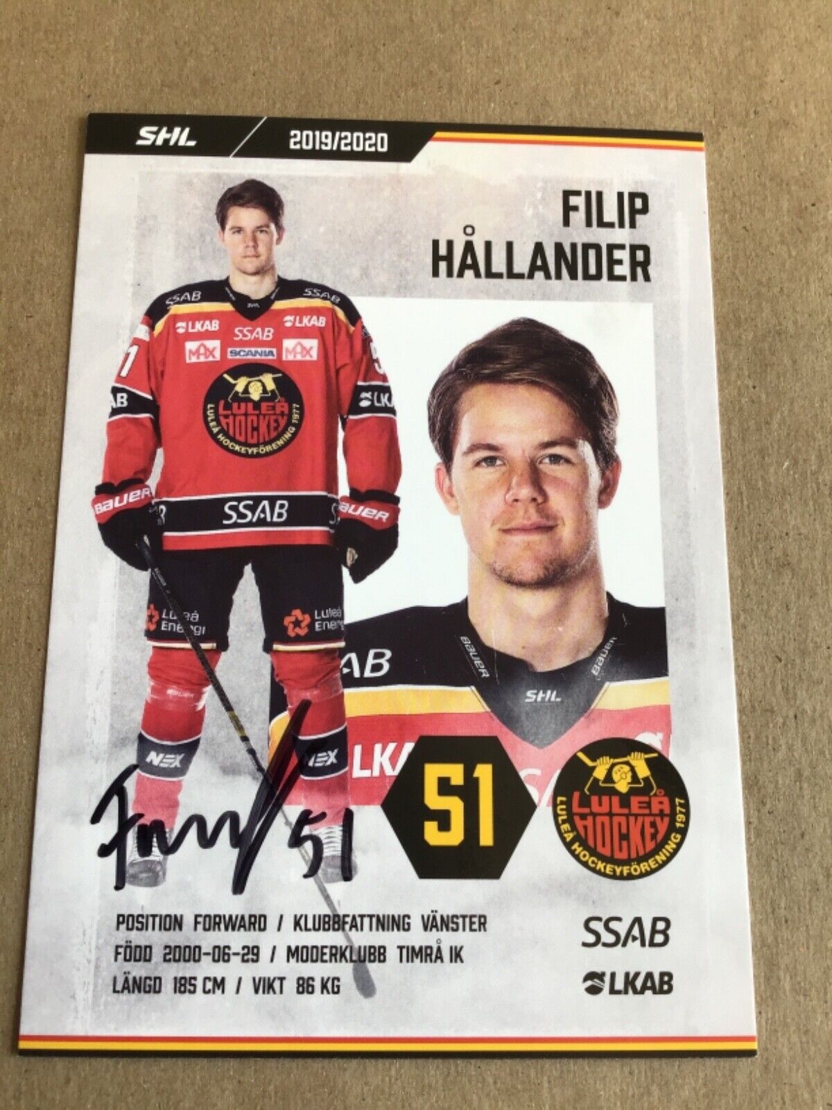Filip Hallander, Hockey Lulea HF, Sweden 🇸🇪 2019/20 hand signed