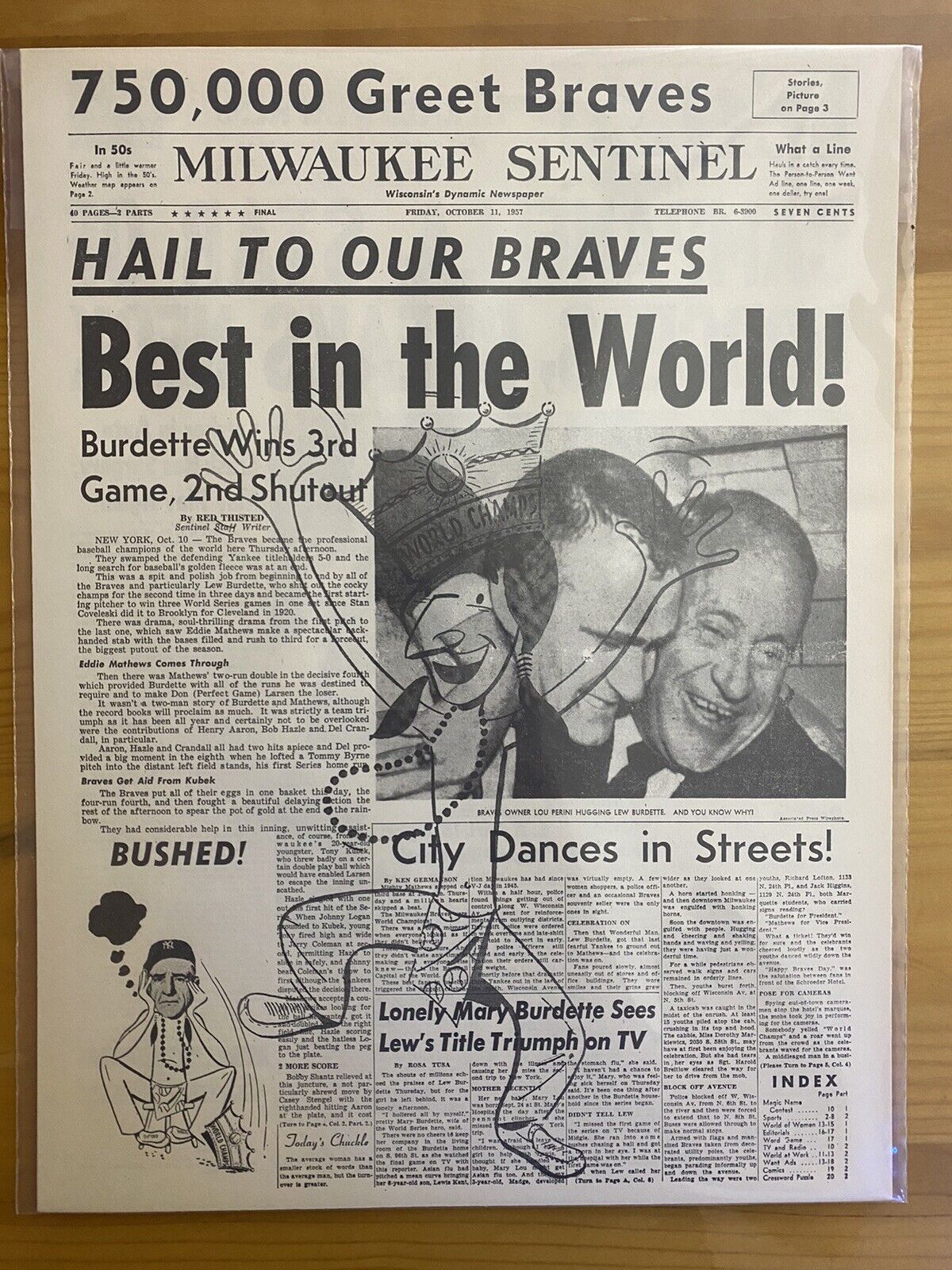 VINTAGE NEWSPAPER HEADLINE WORLD SERIES CHAMPIONS MILWAUKEE BRAVES BASEBALL 1957