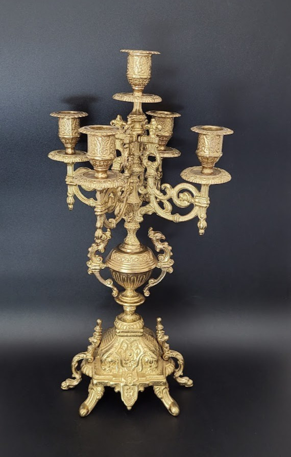 Vintage Baroque Candelabra 4 Arm 5 Candle Italian Brevettato Styled Brass 16.5”