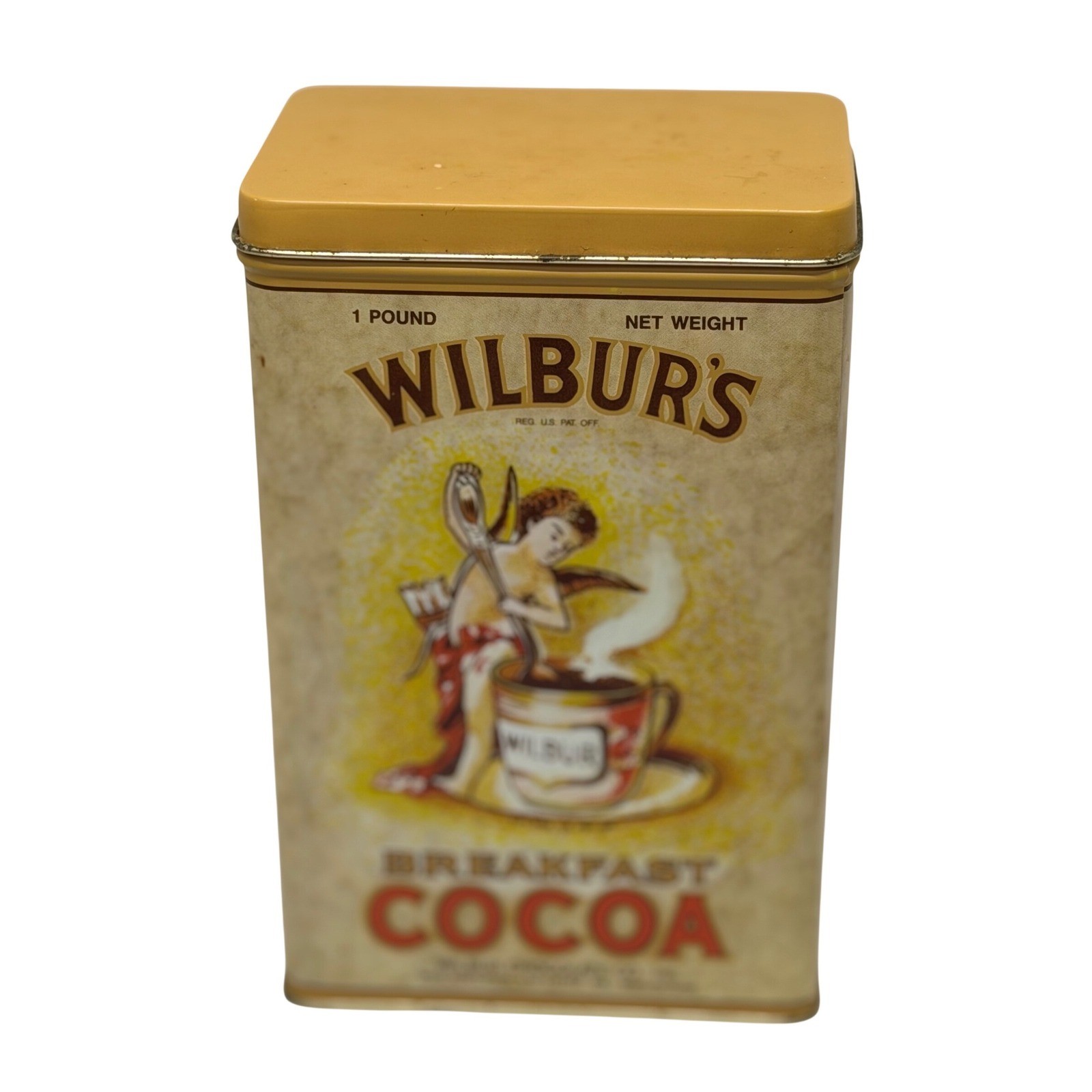 VTG Wilbur's Breakfast Cocoa Tin Yellow Cupid Angel Advertising Kitchen Decor VTG Wilbur's Breakfast Cocoa Tin Yellow Cupid Angel Advertising Kitchen Decor