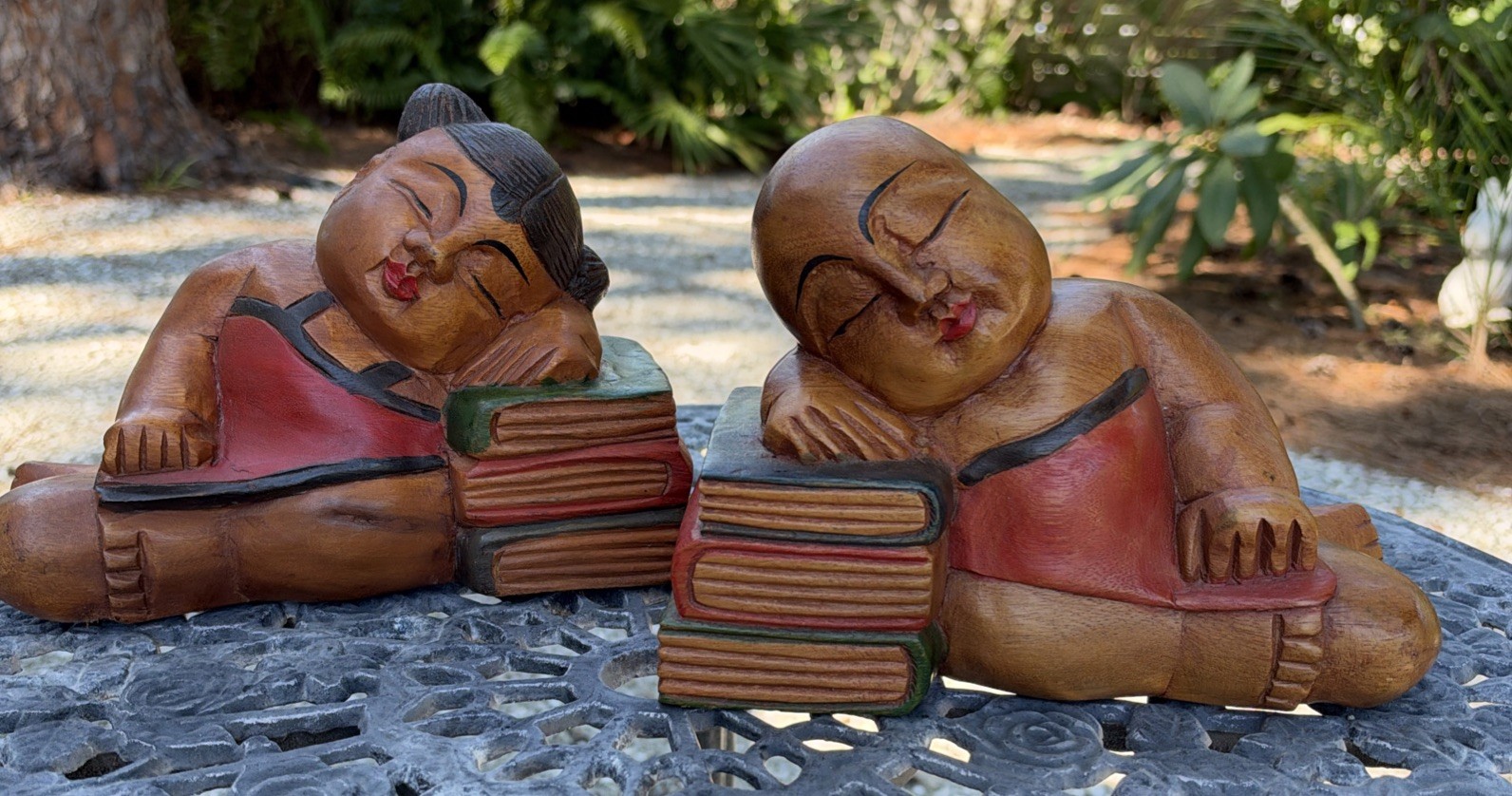 Vtg Good Luck Asian Hand Carved Solid Wood Large Boy & Girl Sleeping Books Vtg Good Luck Asian Hand Carved Solid Wood Large Boy & Girl Sleeping Books