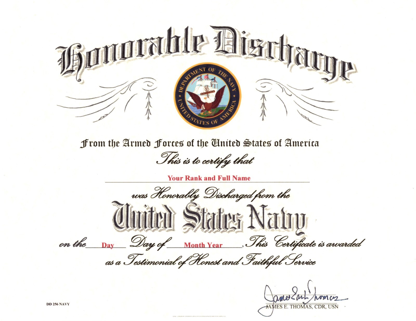 United States Navy Honorable Discharge Replacement Certificate United States Navy Honorable Discharge Replacement Certificate