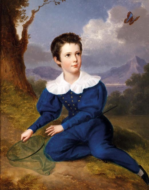Stunning Oil painting handsome young boy Catching the butterfly in landscape 36\
