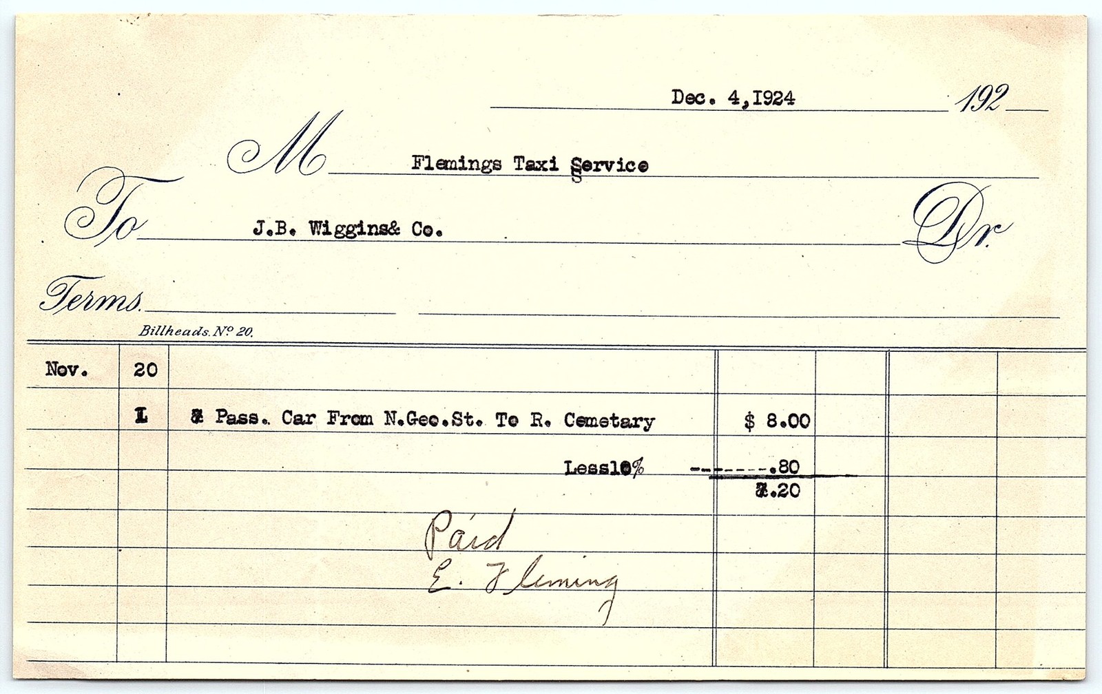 Vintage 1924 Flemings Taxi Service Paid Billhead Vintage 1924 Flemings Taxi Service Paid Billhead