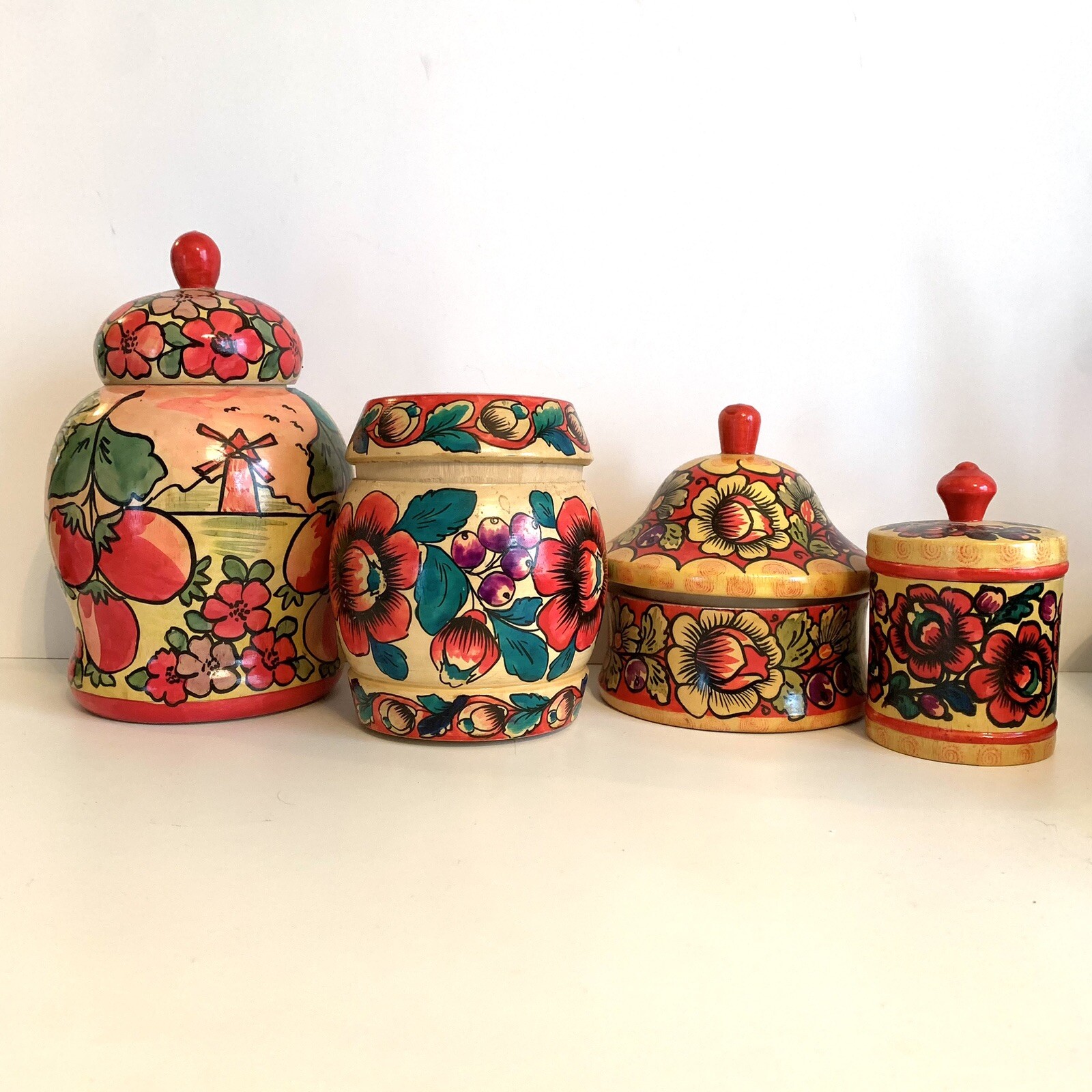 VTG Set Russian USSR Wooden Folk Art Vase Canisters Jars Painted Marked READ VTG Set Russian USSR Wooden Folk Art Vase Canisters Jars Painted Marked READ
