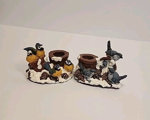 Vintage Winter Songbird Taper Candle Holders Resin Bluebirds Chickadees Snow Vintage Winter Songbird Taper Candle Holders Resin Bluebirds Chickadees Snow