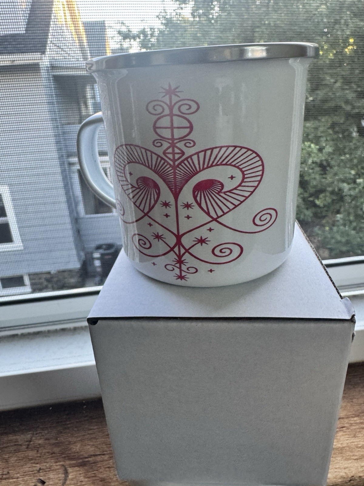 Haitian Vodou Ezili Freda Ceramic Mug – Red Veve Design – Haitian Spiritual Art