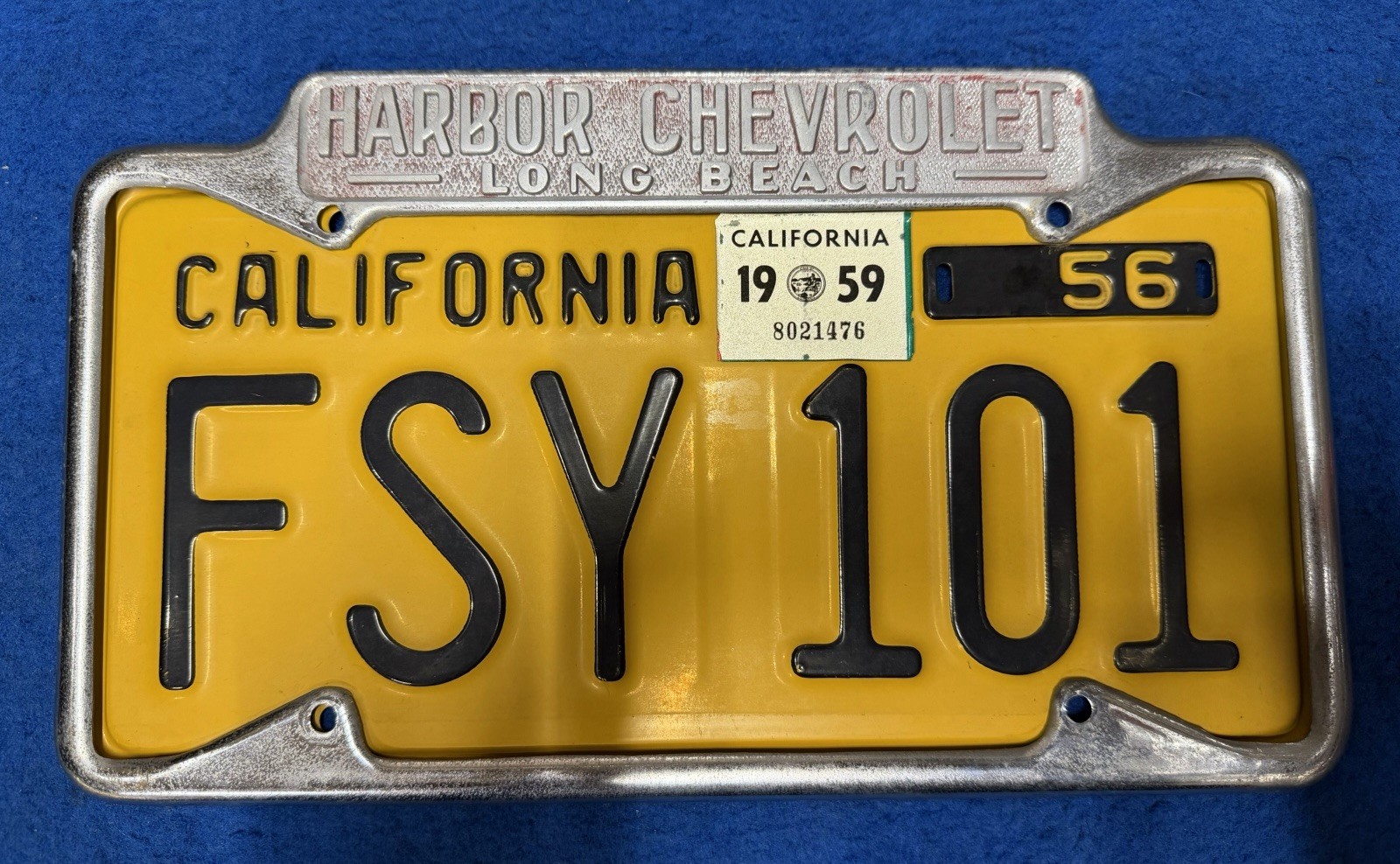 California Long Beach Harbor Chevrolet Vintage License Plate Frame 1959 Dealer California Long Beach Harbor Chevrolet Vintage License Plate Frame 1959 Dealer