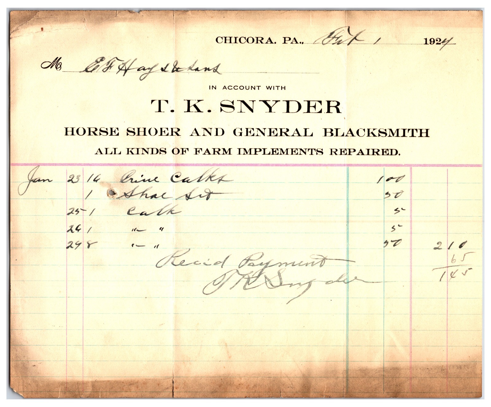 Original 1924 T.K. Snyder Horse Shoes Blacksmith Receipt Chicora, Pennsylvania Original 1924 T.K. Snyder Horse Shoes Blacksmith Receipt Chicora, Pennsylvania