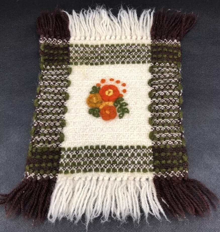Vintage Polish Folk Art Woven Wool Table Mat Floral Embroidery Fringe Poland 14”
