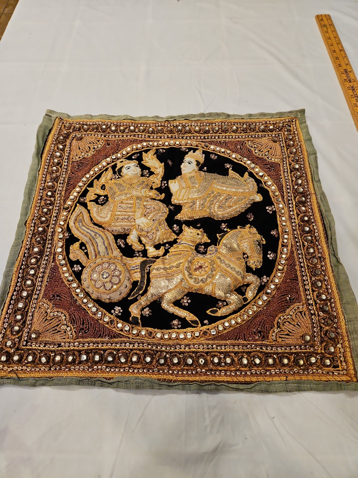 Vtg/antique Burmese Kalaga Chariot Tapestry Handmade Embroidered Sequin 20x20 Vtg/antique Burmese Kalaga Chariot Tapestry Handmade Embroidered Sequin 20x20
