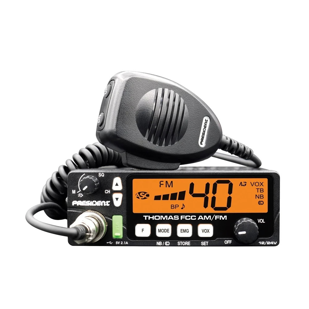 President Thomas FCC AM/FM CB Radio – 40 Channel, VOX Hands-Free, USB Port
