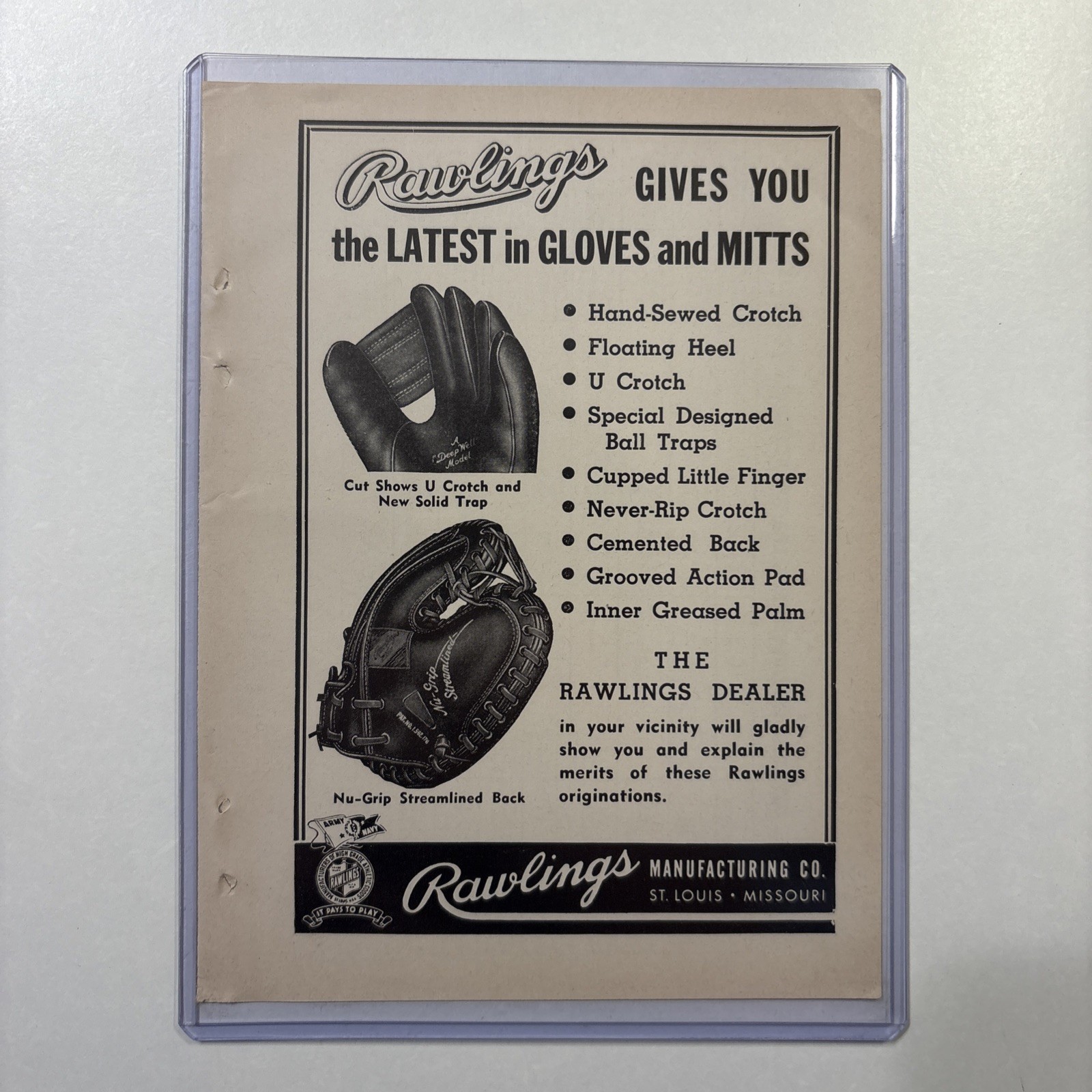 1945 Rawlings Baseball Gloves & Mitts St. Louis, MO Ad Rare Vintage Antique 1945 Rawlings Baseball Gloves & Mitts St. Louis, MO Ad Rare Vintage Antique