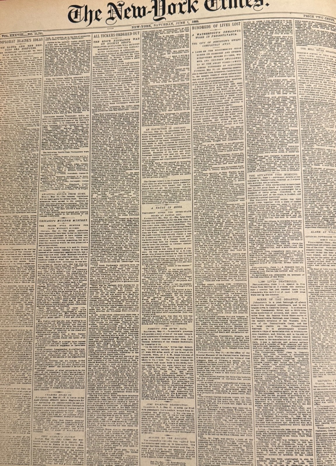 Vintage Johnstown Flood June 1, 1889 NEW YORK TIMES News Article Vintage Johnstown Flood June 1, 1889 NEW YORK TIMES News Article