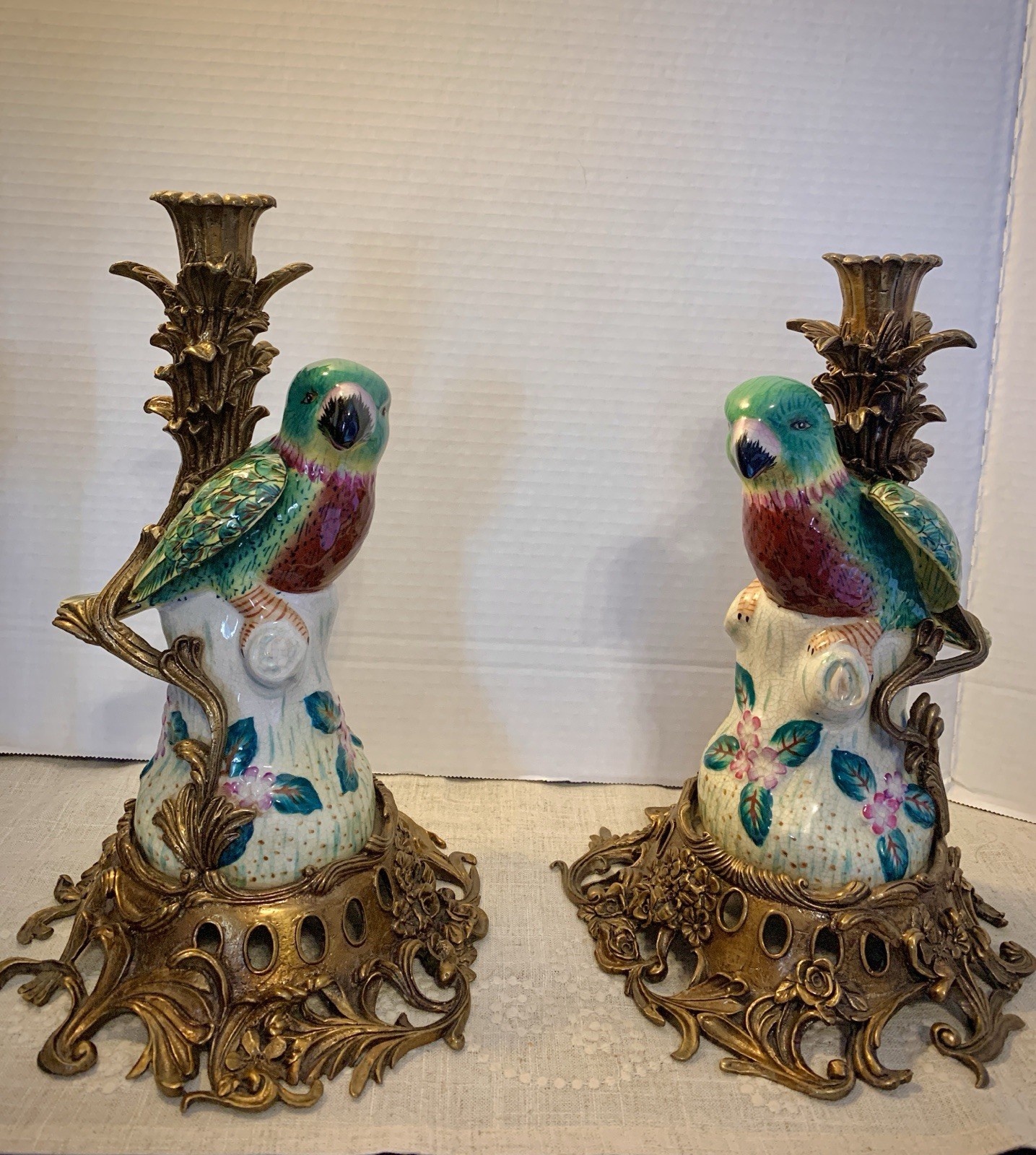 Exquisite Pair Of Rare Bronze Mounted Porcelain Parrot Candlesticks. Exquisite Pair Of Rare Bronze Mounted Porcelain Parrot Candlesticks.