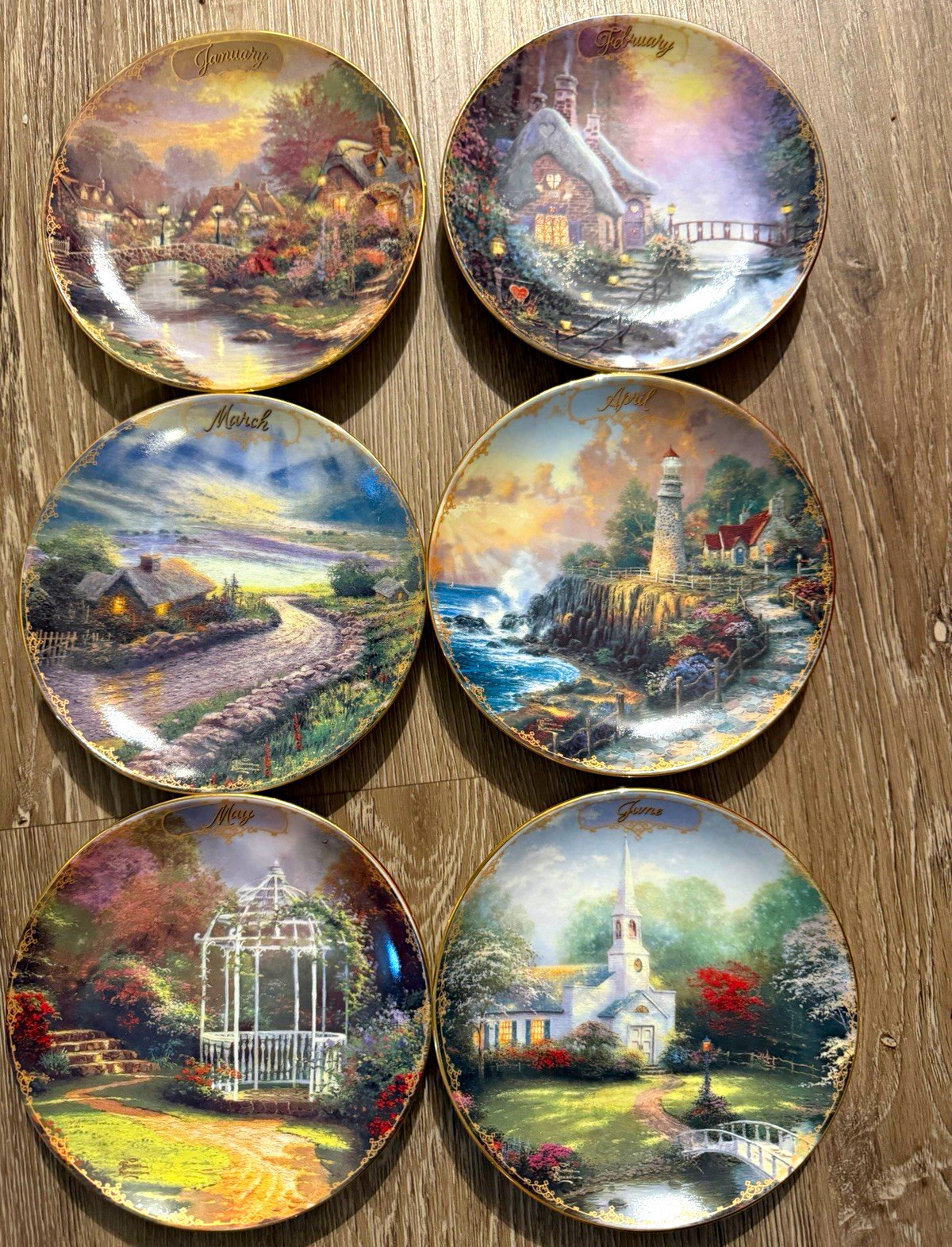 Thomas Kinkade Simpler Times Set of 12 Porcelain Plates Scenic Landscapes COA Thomas Kinkade Simpler Times Set of 12 Porcelain Plates Scenic Landscapes COA