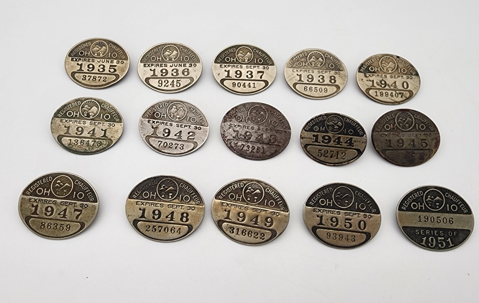 Vtg 1935-1938, 40-51 Ohio Licensed Chauffeur Badge Pin Pinback Button Metal Set Vtg 1935-1938, 40-51 Ohio Licensed Chauffeur Badge Pin Pinback Button Metal Set