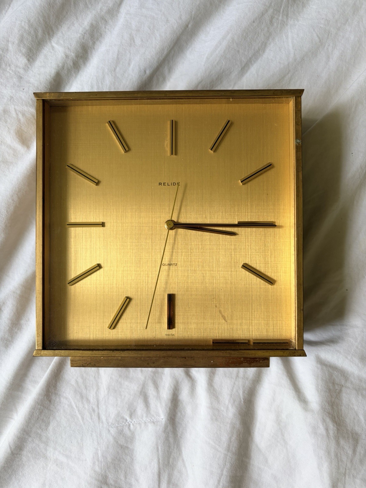 Vintage Mid Century Swiss Relide Heavy Brass Quartz Mantel Desk Clock