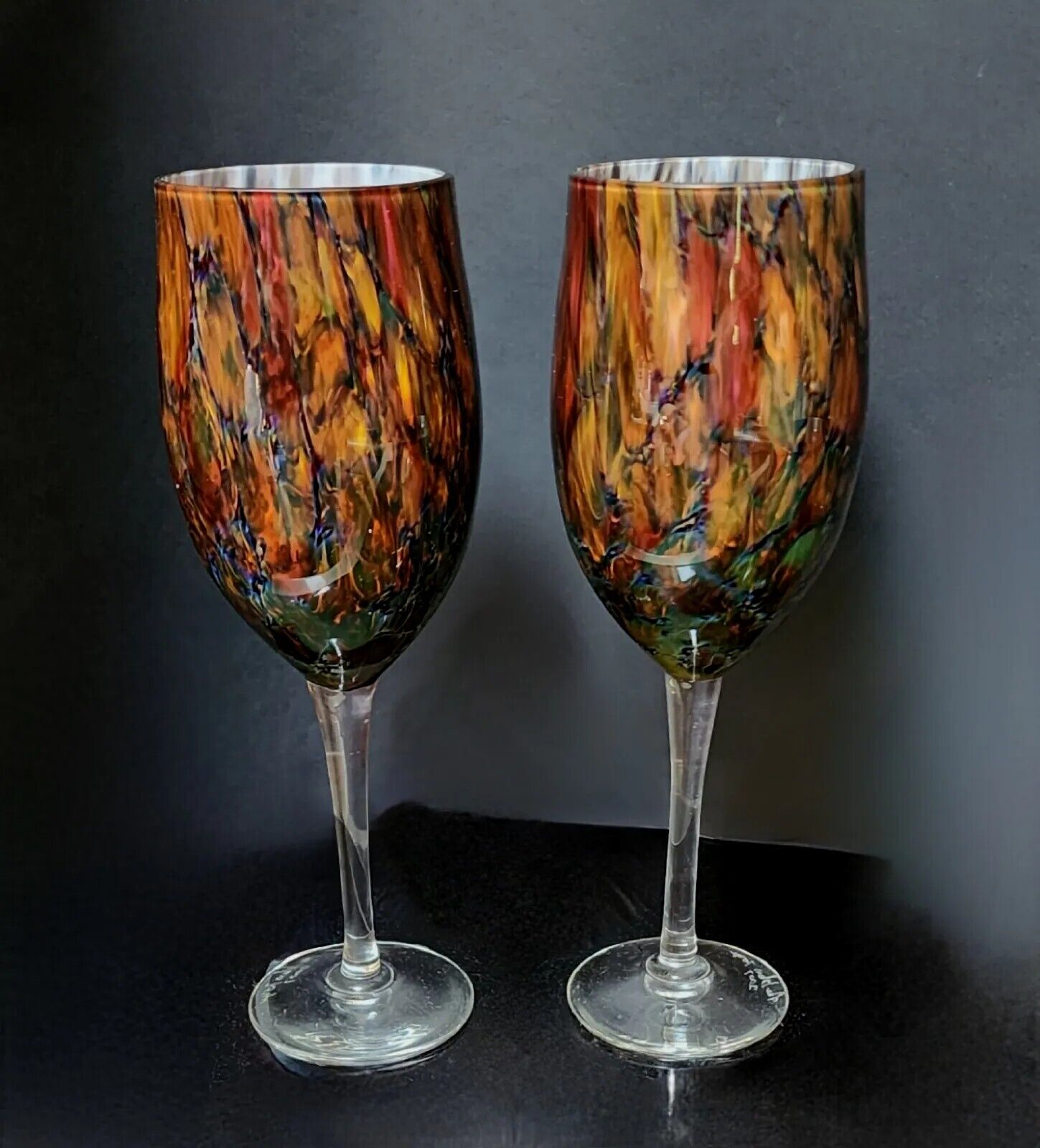 2 Signed Glass Forge Hand Blown Wine Glasses Dated 2007.  Old Scratch's Pattern