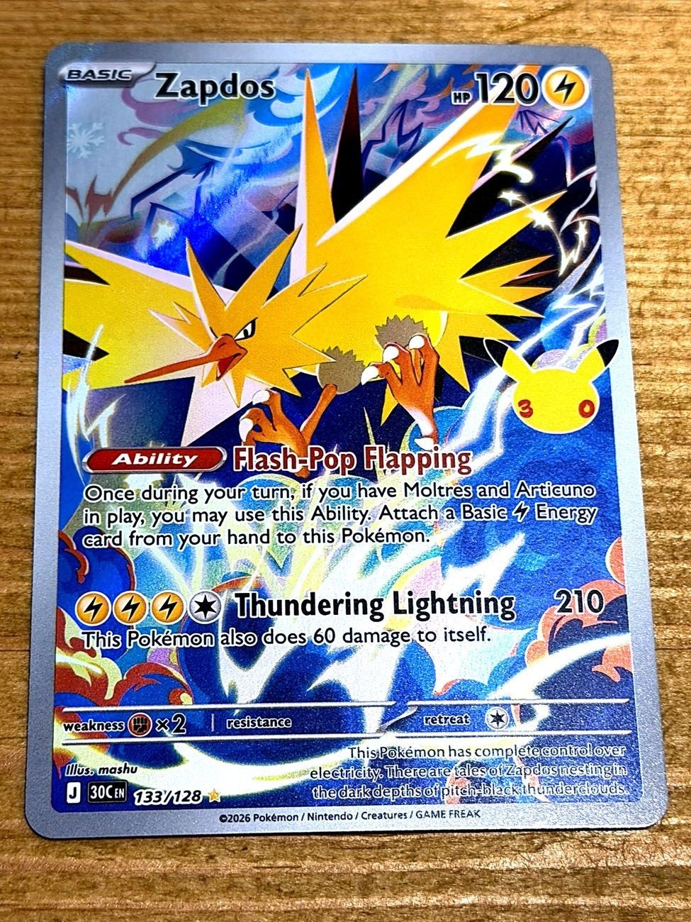 Pokémon TCG Zapdos 133/128 Illustration Rare 30th Celebration NM
