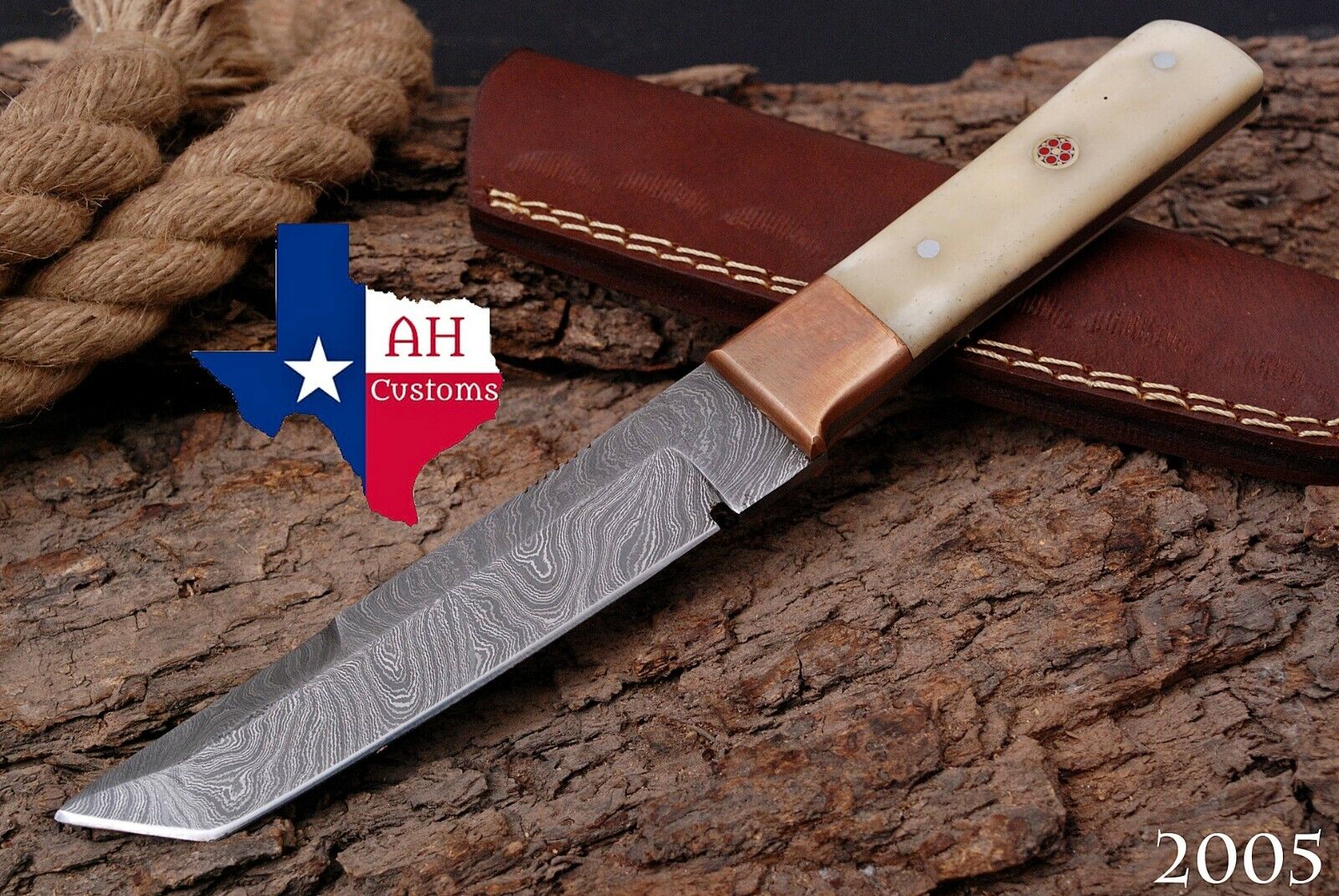 HAND FORGED DAMASCUS STEEL TANTO POINT HUNTING KNIFE & BONE HANDLE+SHEATH AH2005