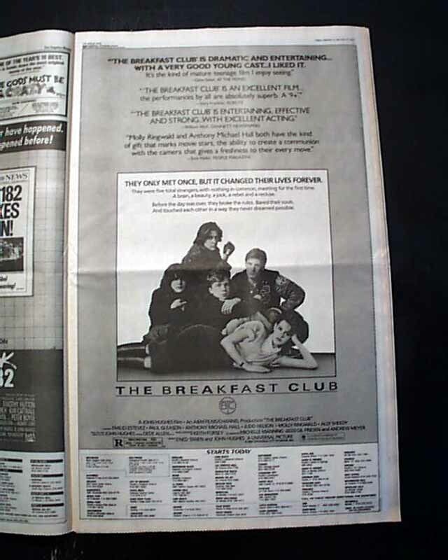 Best THE BREAKFAST CLUB Brat Pack Cult Movie Opening Day AD 1985 L.A. Newspaper