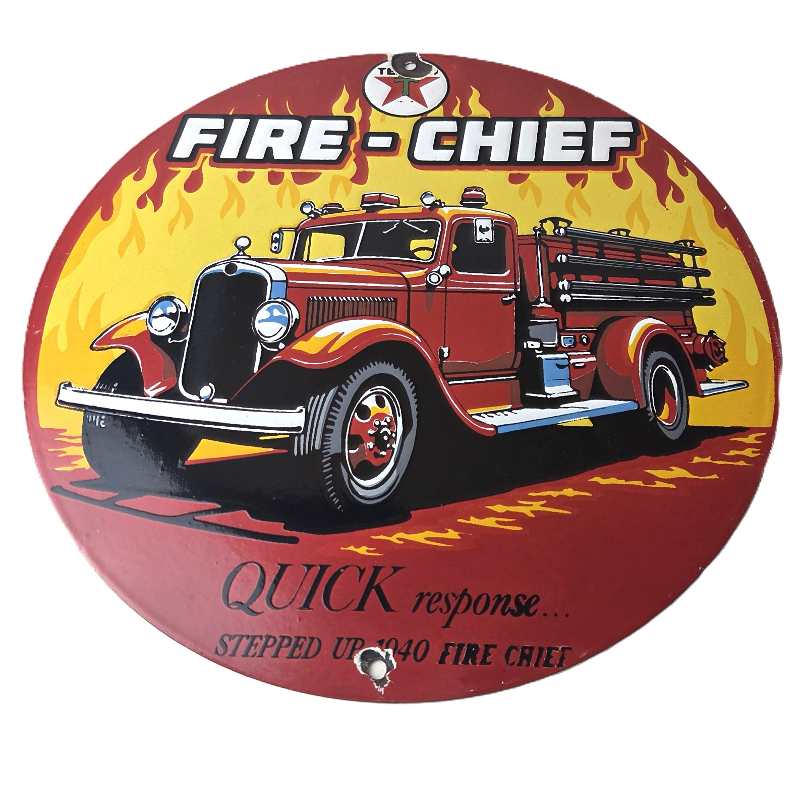 Vintage Texaco Fire-Chief Porcelain Sign - Red Fire Truck Gasoline Sign