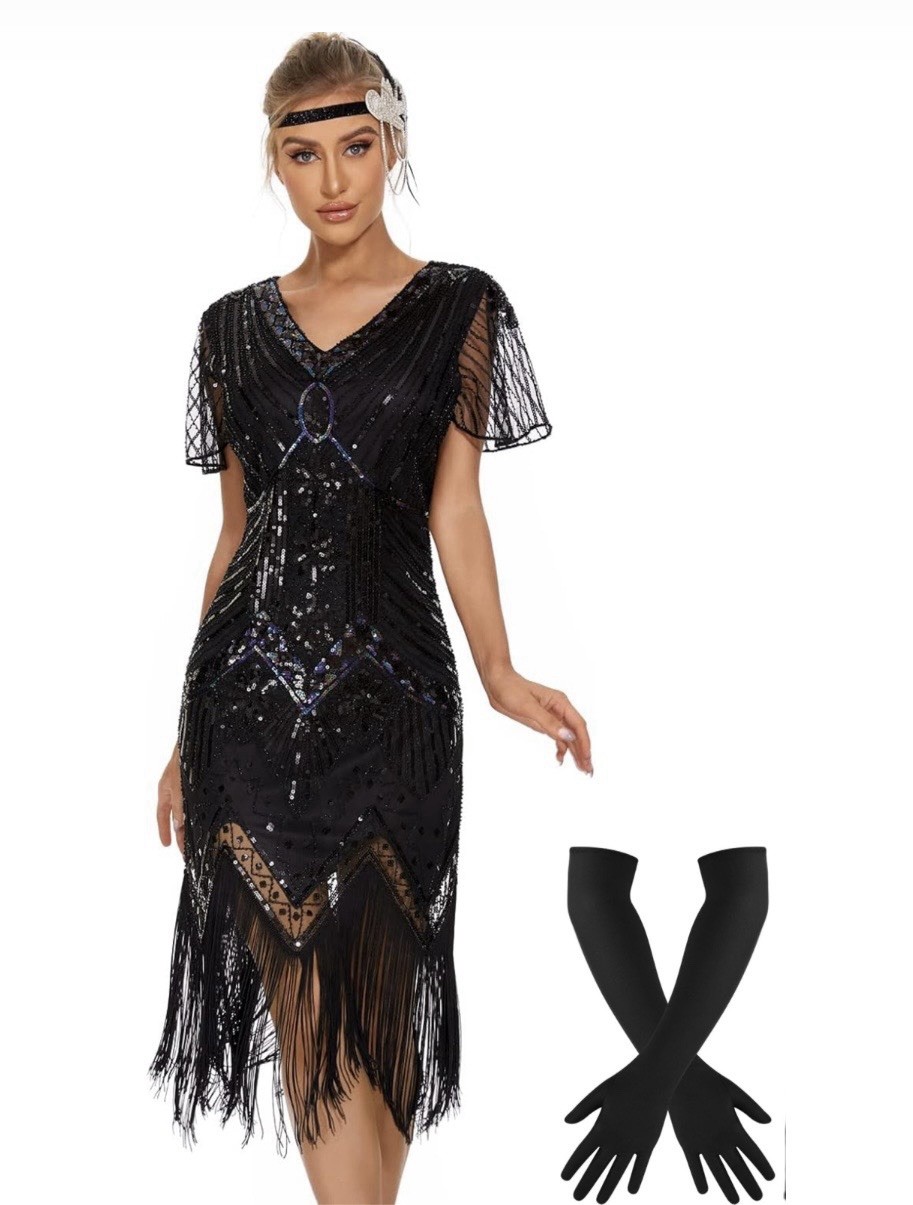 JICAGOM 1920s Womens Flapper Gatsby Roaring 20’s Dress with Gloves Black Small