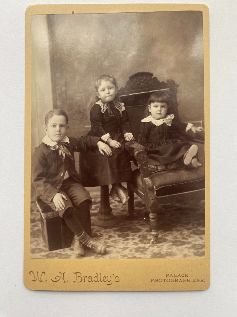 Antique Cabinet Photo Three Children W.A. Bradley's Palace Photo c1890s