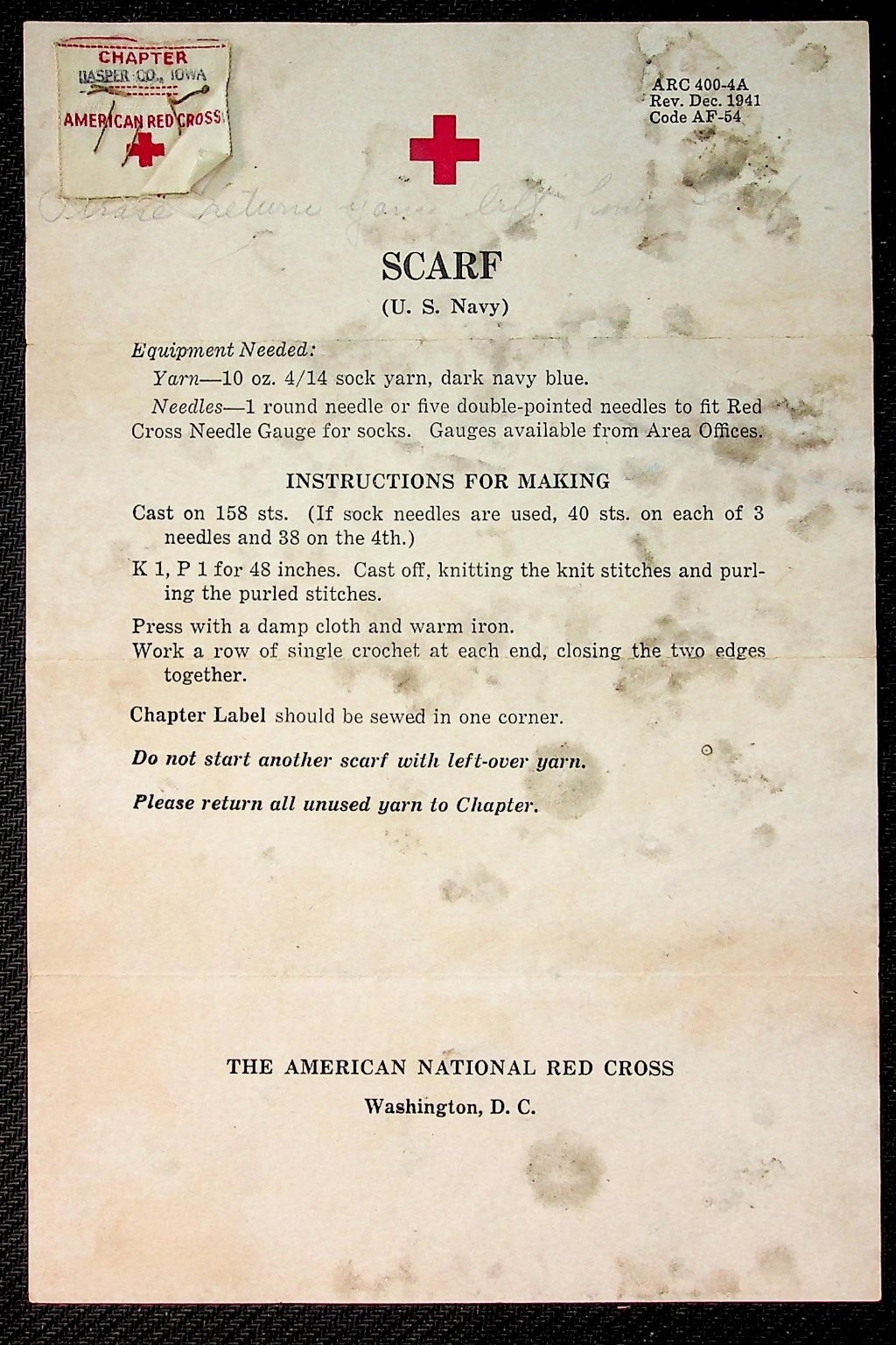 Wwii American Red Cross US Navy Scarf Knitting Instructions Document Dec 1941