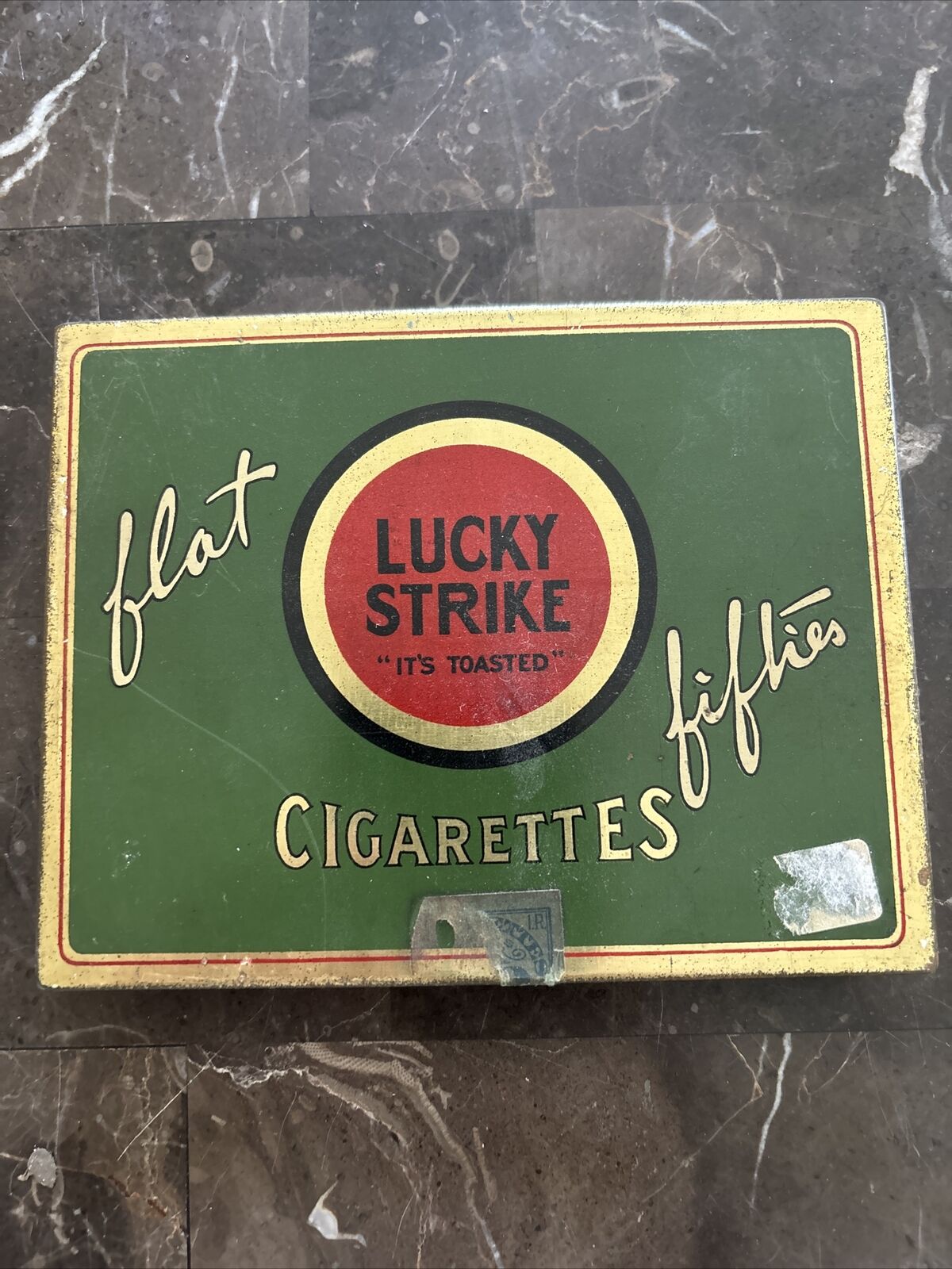 Vtg Metal LUCKY STRIKE Flat Fifties Cigarette Holder Advertising Tin Box w/Stamp