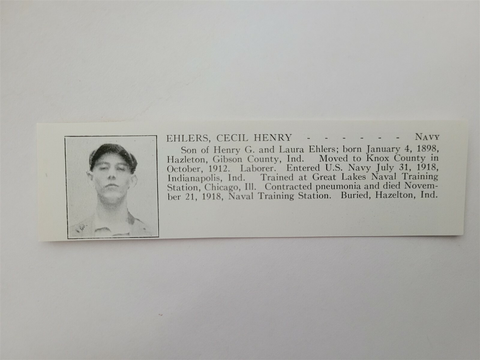 Cecil Ehlers Hazleton Indiana Great Lakes Naval Station 1921 WW1 Hero Panel Cecil Ehlers Hazleton Indiana Great Lakes Naval Station 1921 WW1 Hero Panel