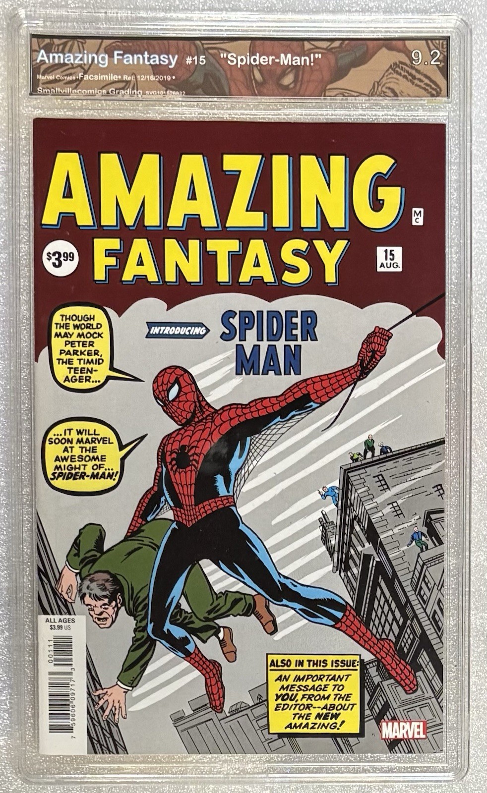 Amazing Fantasy #15 Facsimile (2019) Graded 9.2.  The Amazing Spider-Man.