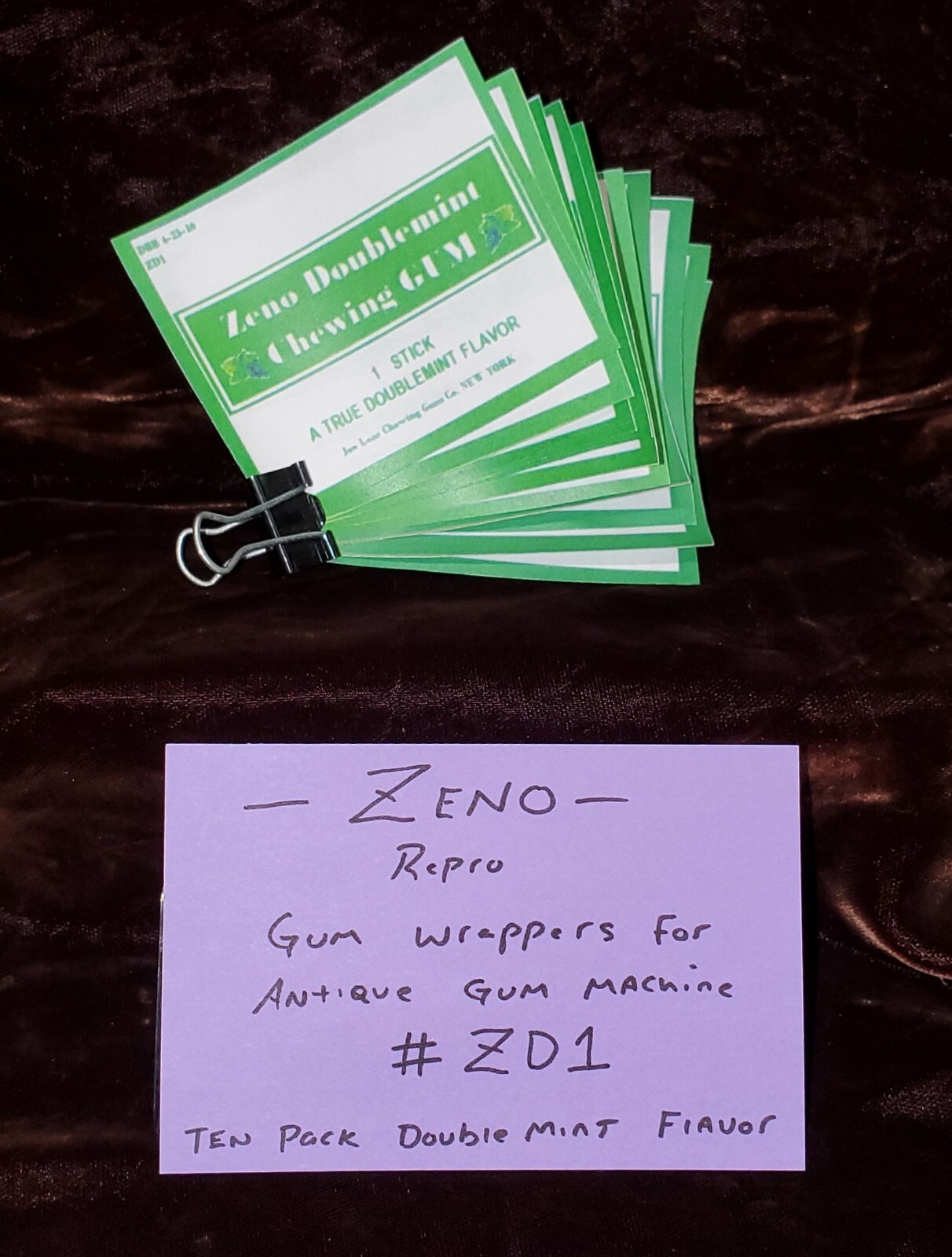 REPRO ZENO GUM WRAPPERS ANTIQUE GUM MACHINE DOUBLEMINT FLAVORED 10 PACK #ZD1 