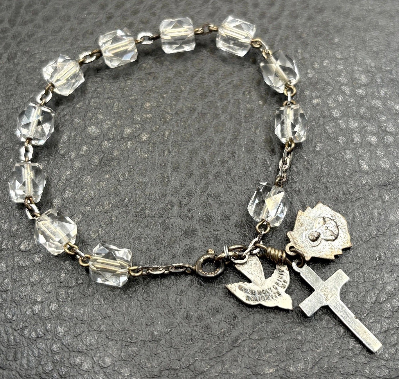 VTG Sterling Silver Rock Crystal Rosary Bracelet Cross Holy Spirit Bird Charm 7” VTG Sterling Silver Rock Crystal Rosary Bracelet Cross Holy Spirit Bird Charm 7”