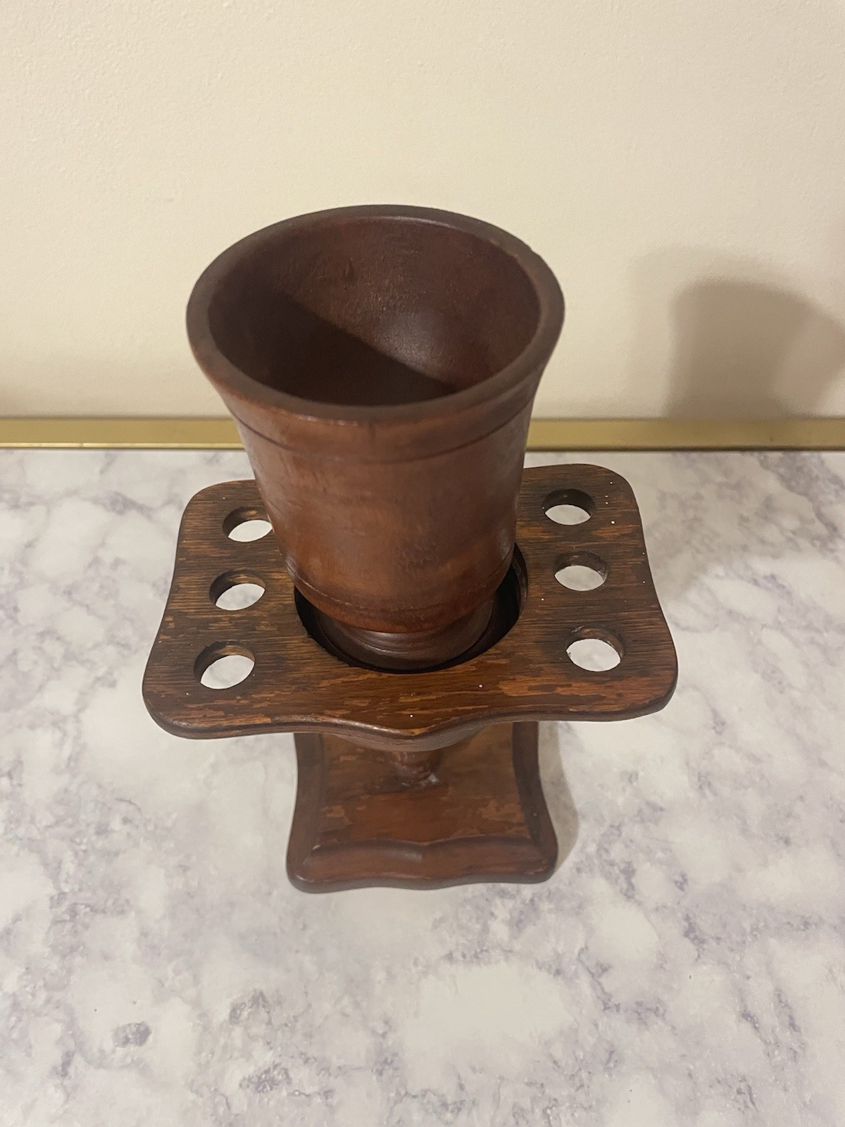 Vintage Mid-Century Walnut Wood 6-Pipe Pedestal Stand & Removable Humidor Cup Vintage Mid-Century Walnut Wood 6-Pipe Pedestal Stand & Removable Humidor Cup