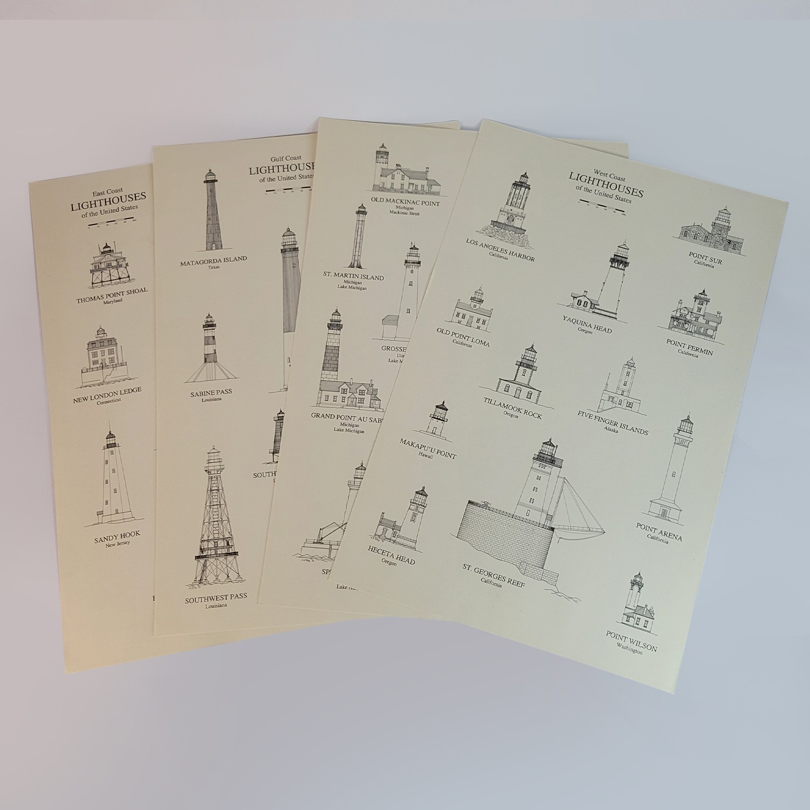 Vintage USCG Lighthouses of United States 4-Print Set John A. Tilley 11x17