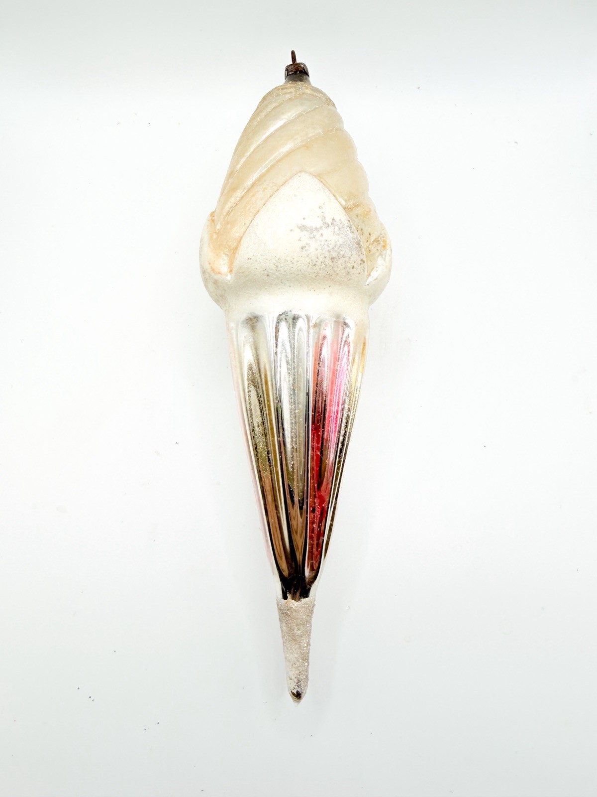 Antique German Glass Ornament – Jumbo Frosted Spiral Finial Icicle Parachute