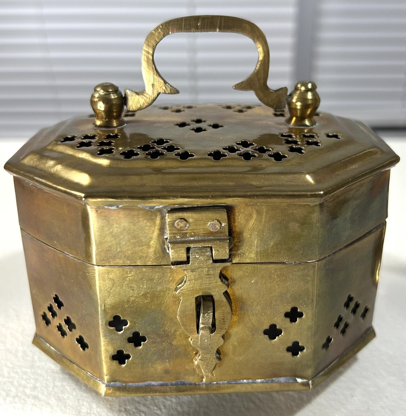 Vintage Brass Cricket Box Potpourri Incense Pierced Reticulated Design w/ Handle