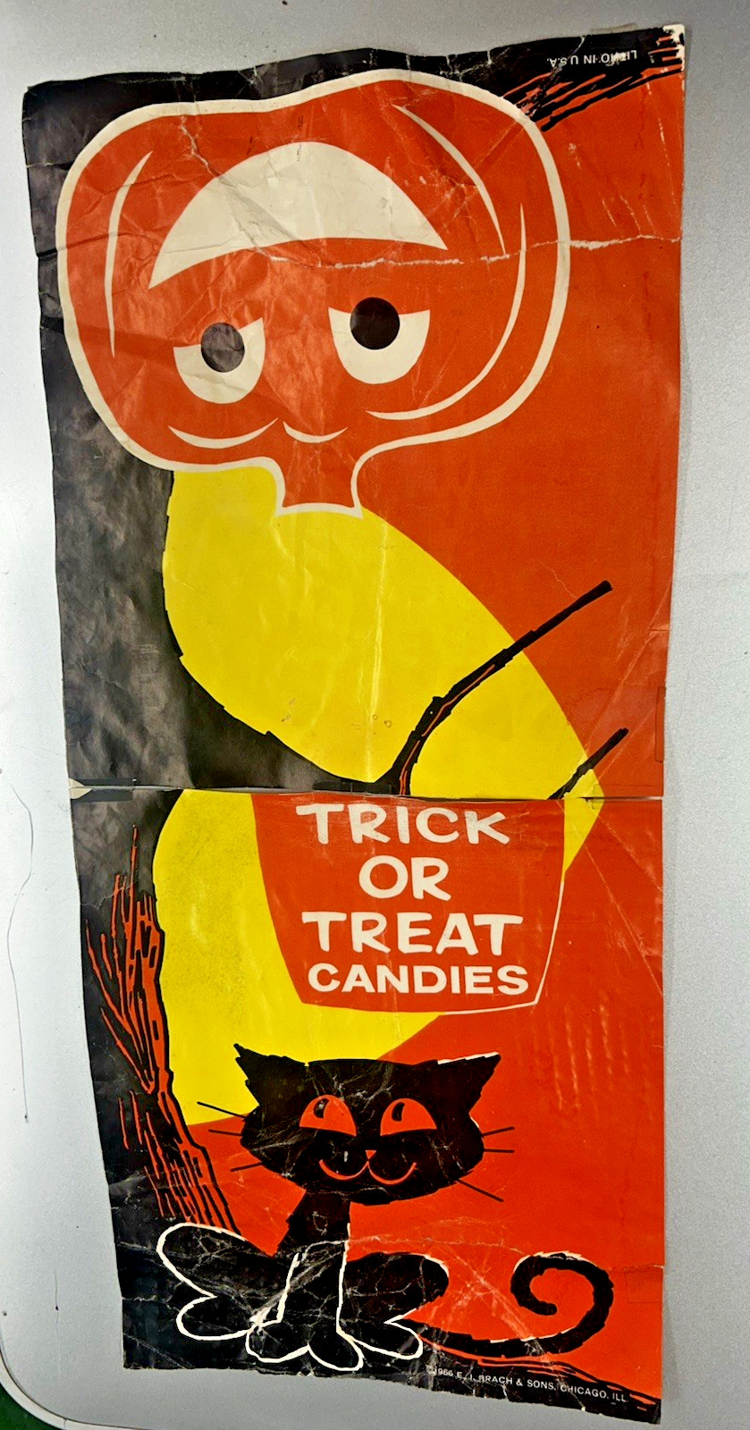 Vintage 1966 Brachs Halloween Candy Grocery Store Sign Banner Litho Black Cat
