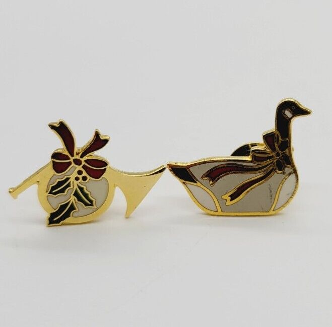 Vintage Hallmark Christmas Pin LOT Goose Duck & Horn Holiday Brooch #231