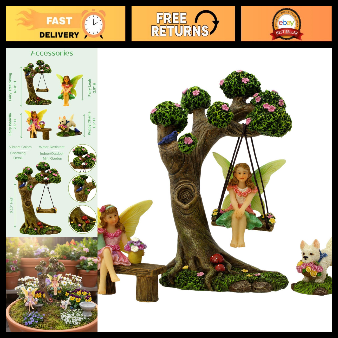 Enchanting Fairy Garden Set - 4 Piece Miniature Fairies with Tree Swing Decor Enchanting Fairy Garden Set - 4 Piece Miniature Fairies with Tree Swing Decor