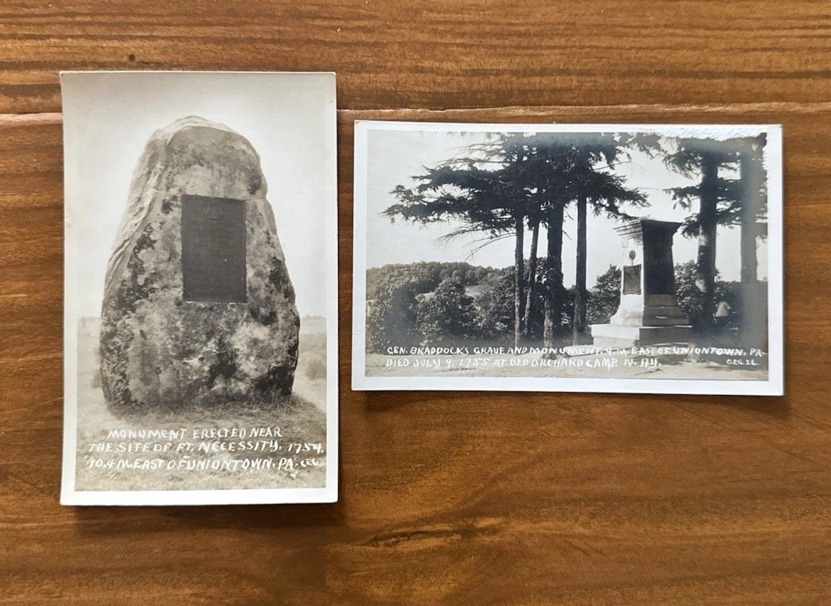 Fort Necessity Antique RPPC Postcard Lot 2 Uniontown PA Braddock Grave Monument