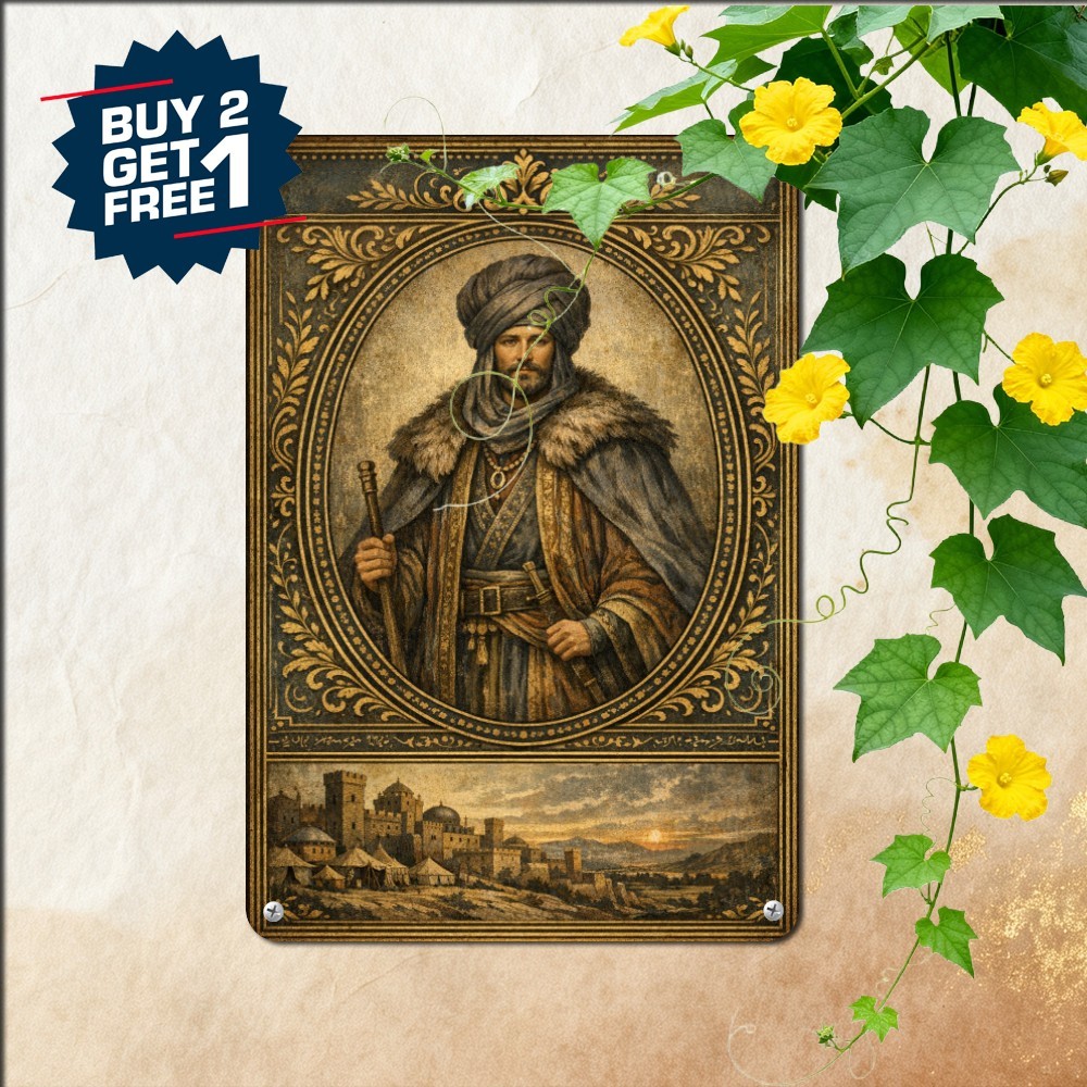 Historic Ottoman Conqueror Portrait Sign Vintage Islamic Royal Metal Tin Plaque