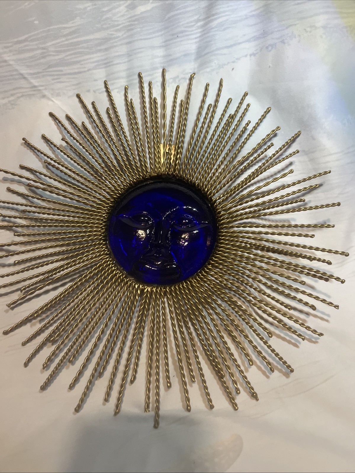 VTG Mid Century Cobalt Blue Glass and Gilt Metal Solar Wall Plaque Sunburst ☀️ VTG Mid Century Cobalt Blue Glass and Gilt Metal Solar Wall Plaque Sunburst ☀️