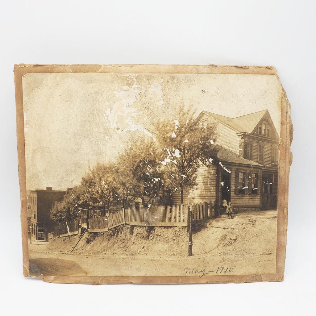 Antique Sepia Photograph Old House on Corner w/ Boy