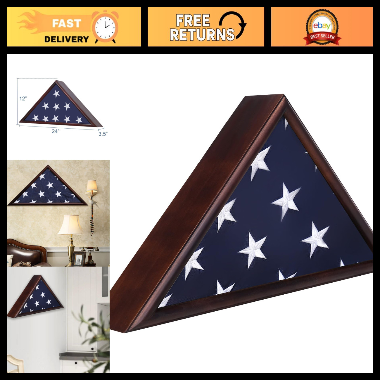 Large Flag Display Case for 5x9.5\' Burial Flags - Modern Triangular Design, Soli